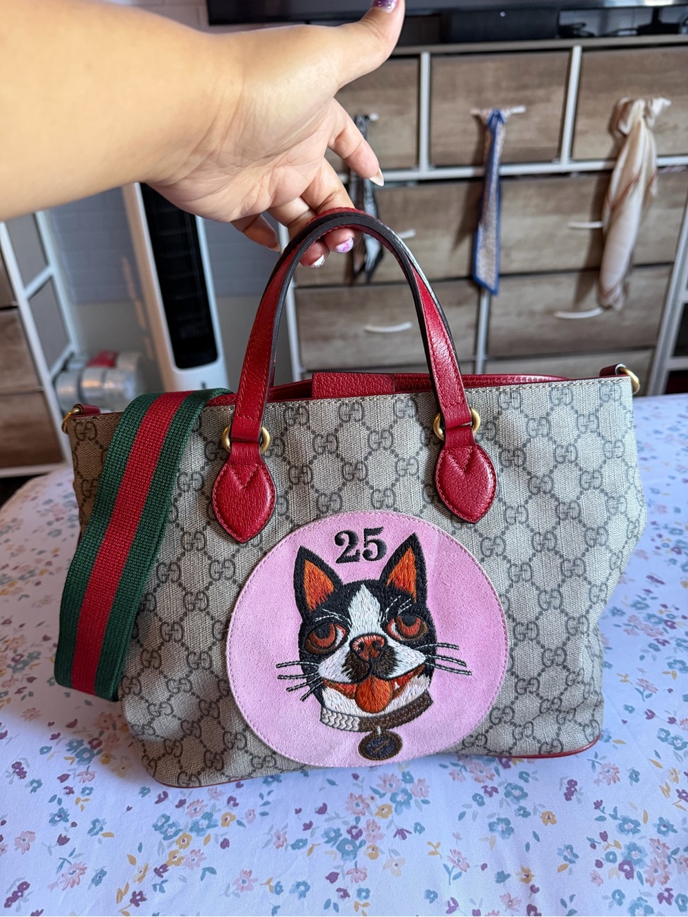 Gucci Beige GG Canvas Tote with Pink Cat Patch and Red Trim